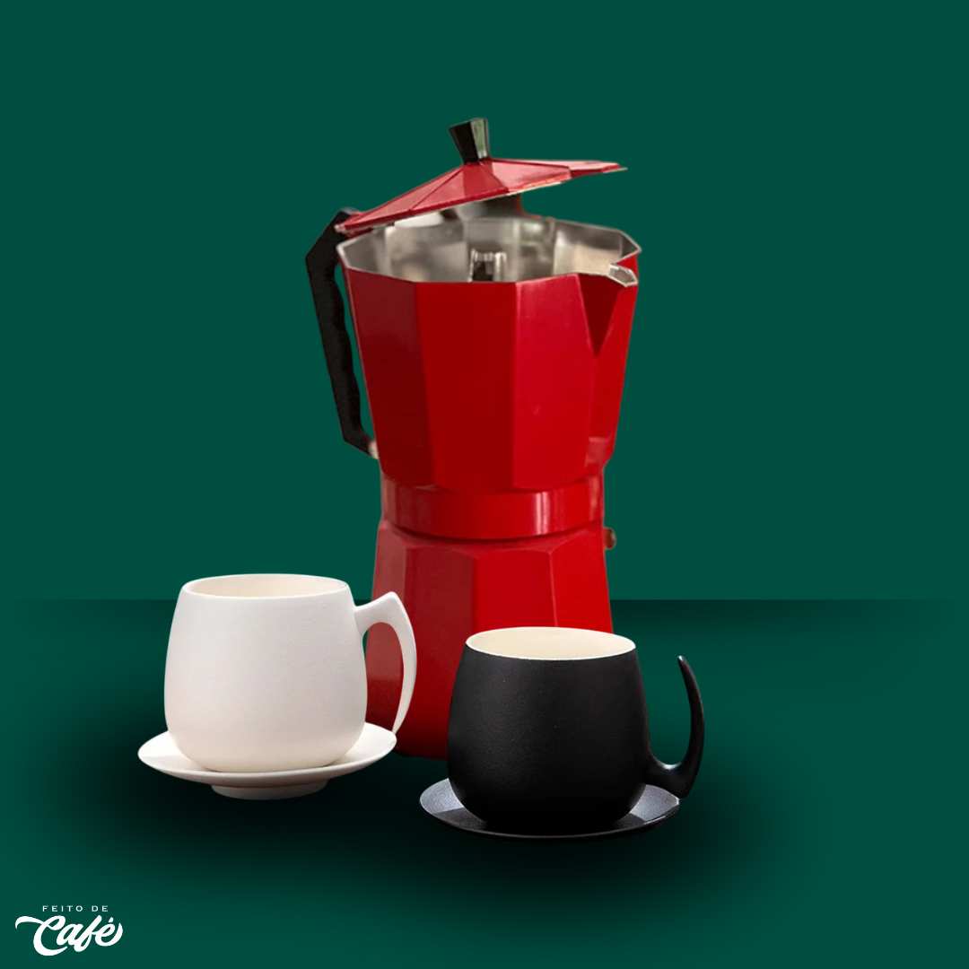 Kit - Cafeteira Italiana Moka + Xícara Luxo com Alça e Pires