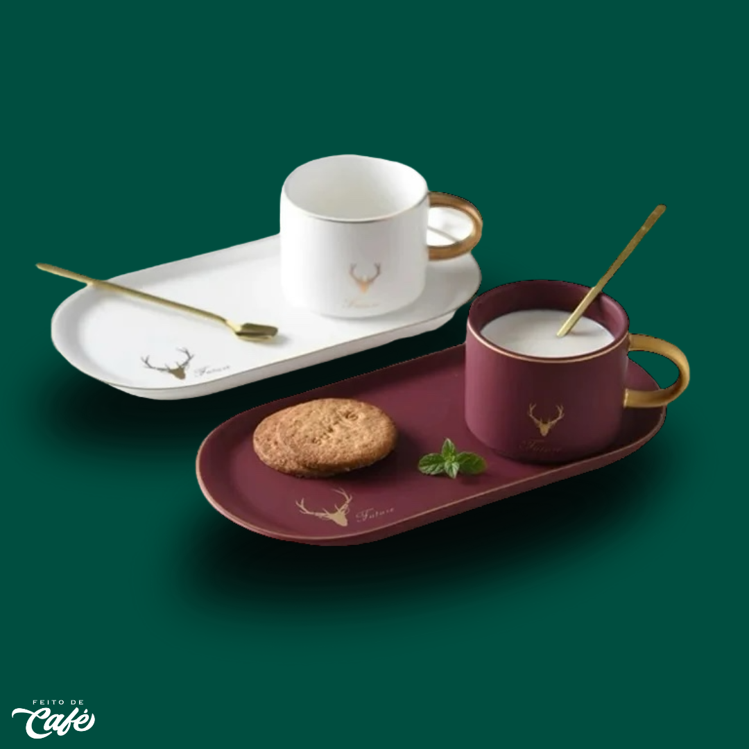 Conjunto Xícara com Pires e Mexedor de Porcelana - Linha Alto Luxo