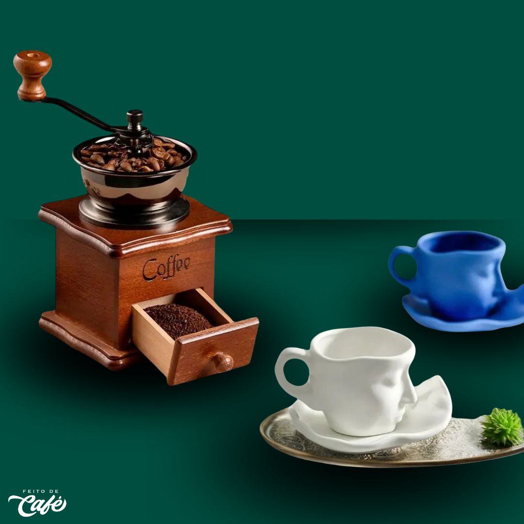 Kit - Moedor Manual de Café + Xícara com Pires Design Abstrato