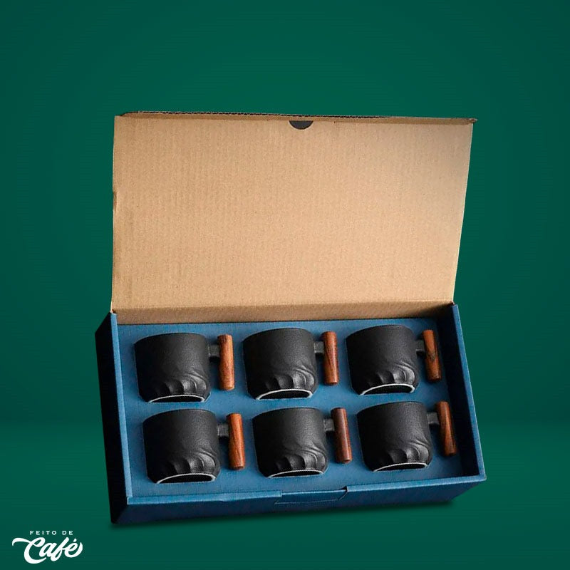 Kit de Copos de Cerâmica Retro com Alça de Madeira - 6 Peças