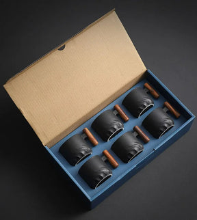 Kit de Copos de Cerâmica  Retro com Alça de Madeira - 6 Peças